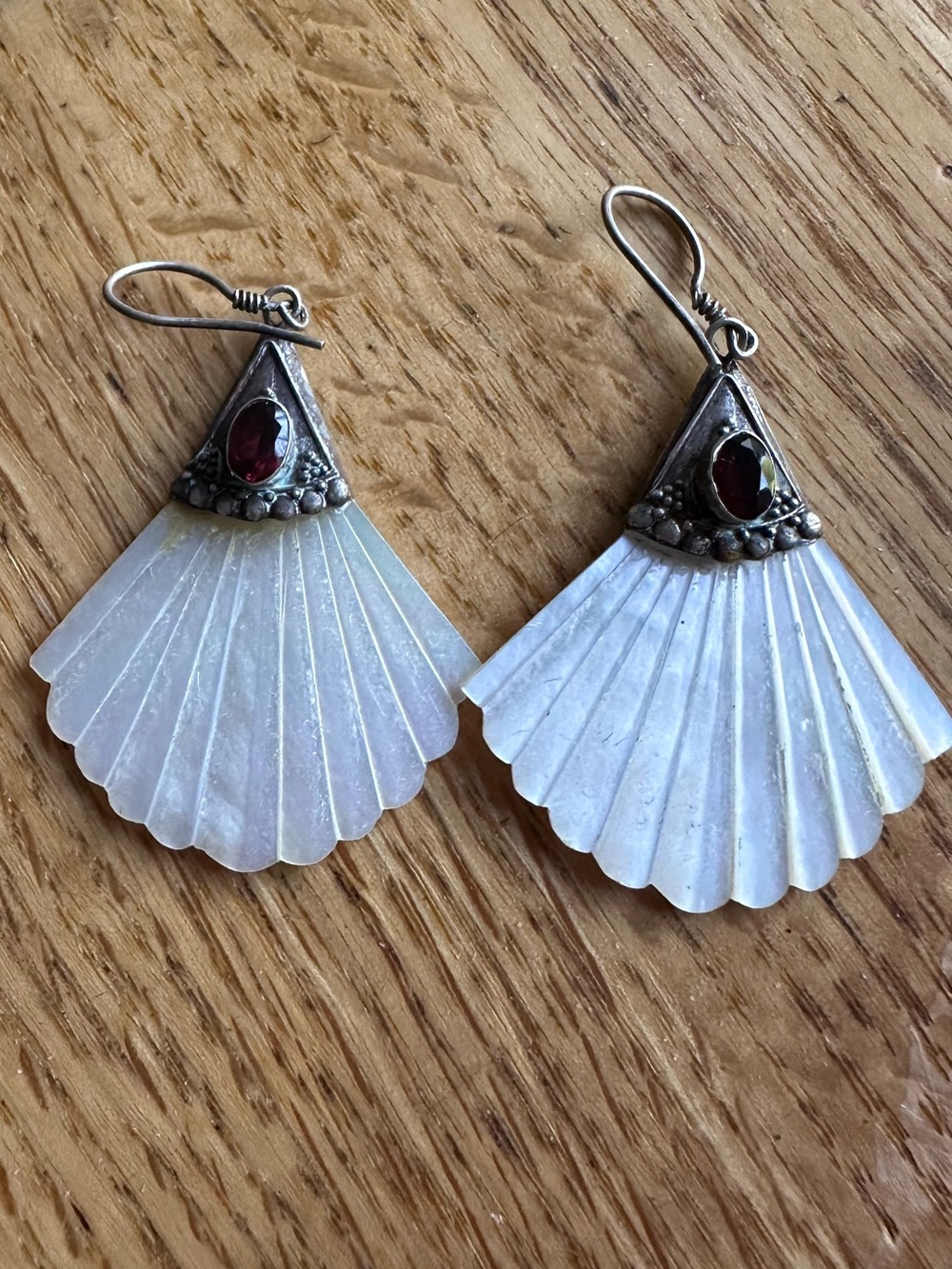 Mother-of-Pearl Fan Drop Earrings with Garnet Accent